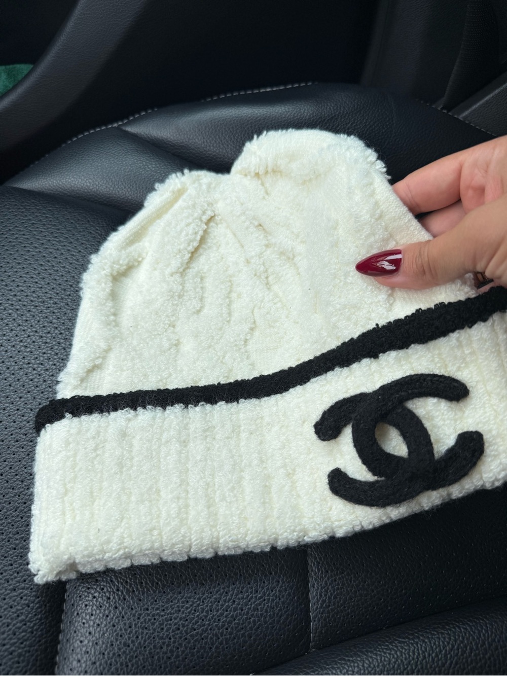 CHANEL Cream and Black Logo Knit Beanie